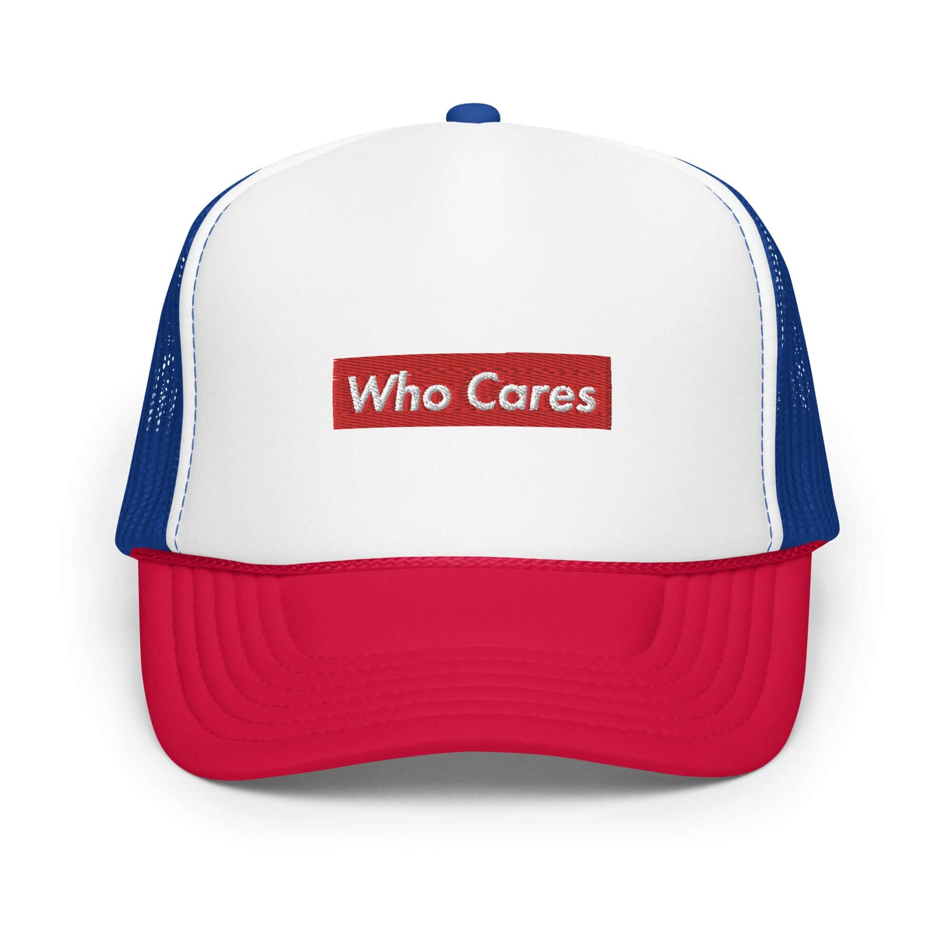 Who Cares Foam trucker hat White / Royal / Red
