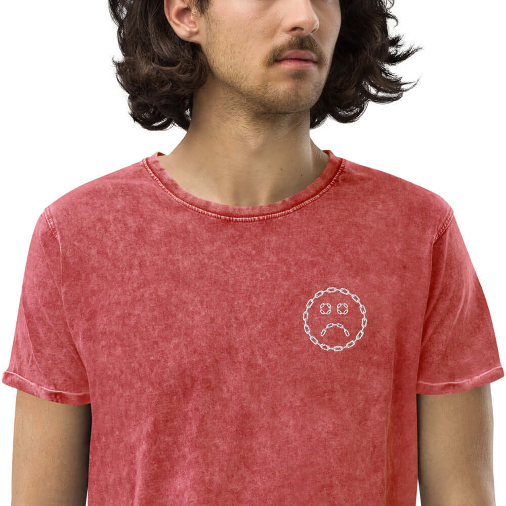 Sad Chain Face Denim T-Shirt Garnet Red